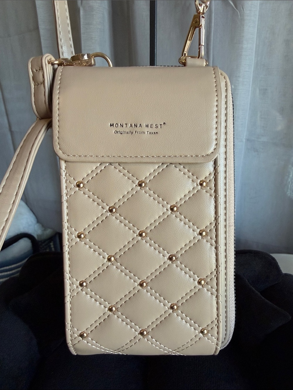 Montana West Cream Quilted Crossbody Phone Pouch with Gold Studs